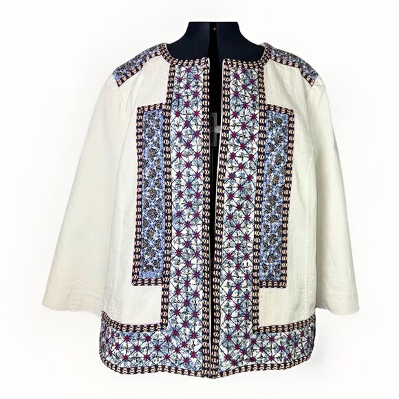 CHICOS Size 3 16/18 Cotton White Beads Sequins Embroidered Open Quilt Jacket - Picture 1 of 11